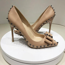 Cargar imagen en el visor de la galería, Spikes Bow Knot Women Beige Stilettos High Heels Elegant Formal Dress Shoes - Soul And Me Store