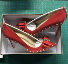 Cargar imagen en el visor de la galería, Spikes Bow Knot Women Beige Stilettos High Heels Elegant Formal Dress Shoes - Soul And Me Store