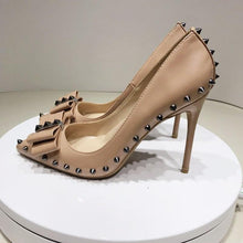 Cargar imagen en el visor de la galería, Spikes Bow Knot Women Beige Stilettos High Heels Elegant Formal Dress Shoes - Soul And Me Store