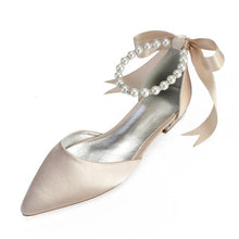 Cargar imagen en el visor de la galería, Comfort Flat Satin Pointed Toe Ankle Strap Pearls Ribbon Flats - Soul And Me Store