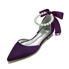 Cargar imagen en el visor de la galería, Comfort Flat Satin Pointed Toe Ankle Strap Pearls Ribbon Flats - Soul And Me Store