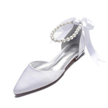 Cargar imagen en el visor de la galería, Comfort Flat Satin Pointed Toe Ankle Strap Pearls Ribbon Flats - Soul And Me Store