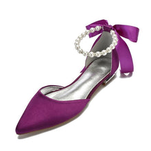 Cargar imagen en el visor de la galería, Comfort Flat Satin Pointed Toe Ankle Strap Pearls Ribbon Flats - Soul And Me Store