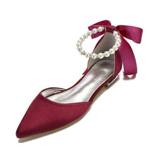 Cargar imagen en el visor de la galería, Comfort Flat Satin Pointed Toe Ankle Strap Pearls Ribbon Flats - Soul And Me Store
