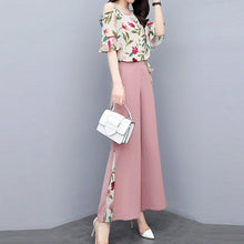 Cargar imagen en el visor de la galería, Off Shoulder Top + Mesh Pants Suits Floral Print Tops Two Piece Set - Soul And Me Store