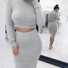 Cargar imagen en el visor de la galería, Sexy Plush Mid-calf Skirt Set Turtleneck Crop Top 2 Piece Set - Soul And Me Store