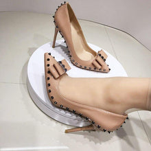 Cargar imagen en el visor de la galería, Spikes Bow Knot Women Beige Stilettos High Heels Elegant Formal Dress Shoes - Soul And Me Store